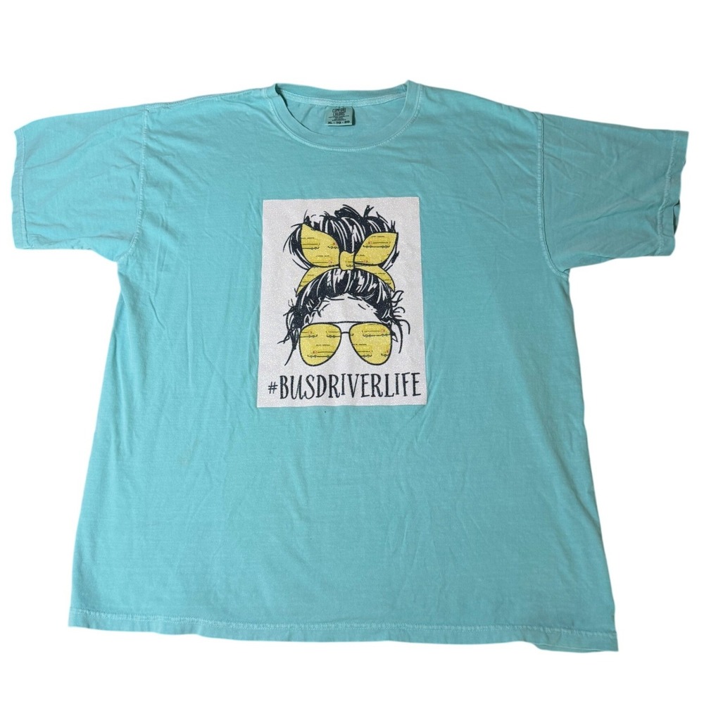 Comfort Colors Bus Driver Life Graphic T-Shirt Teal Blue XL Glitter Messy Bun